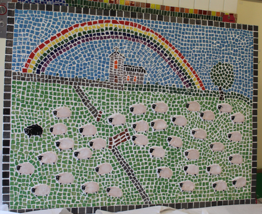 Mosaic by David Welsh scene with sheep, stone walls 