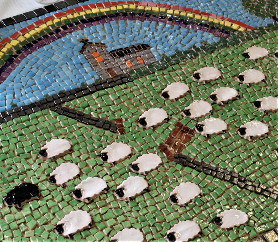Mosaic Welsh scene with sheep, stone walls 